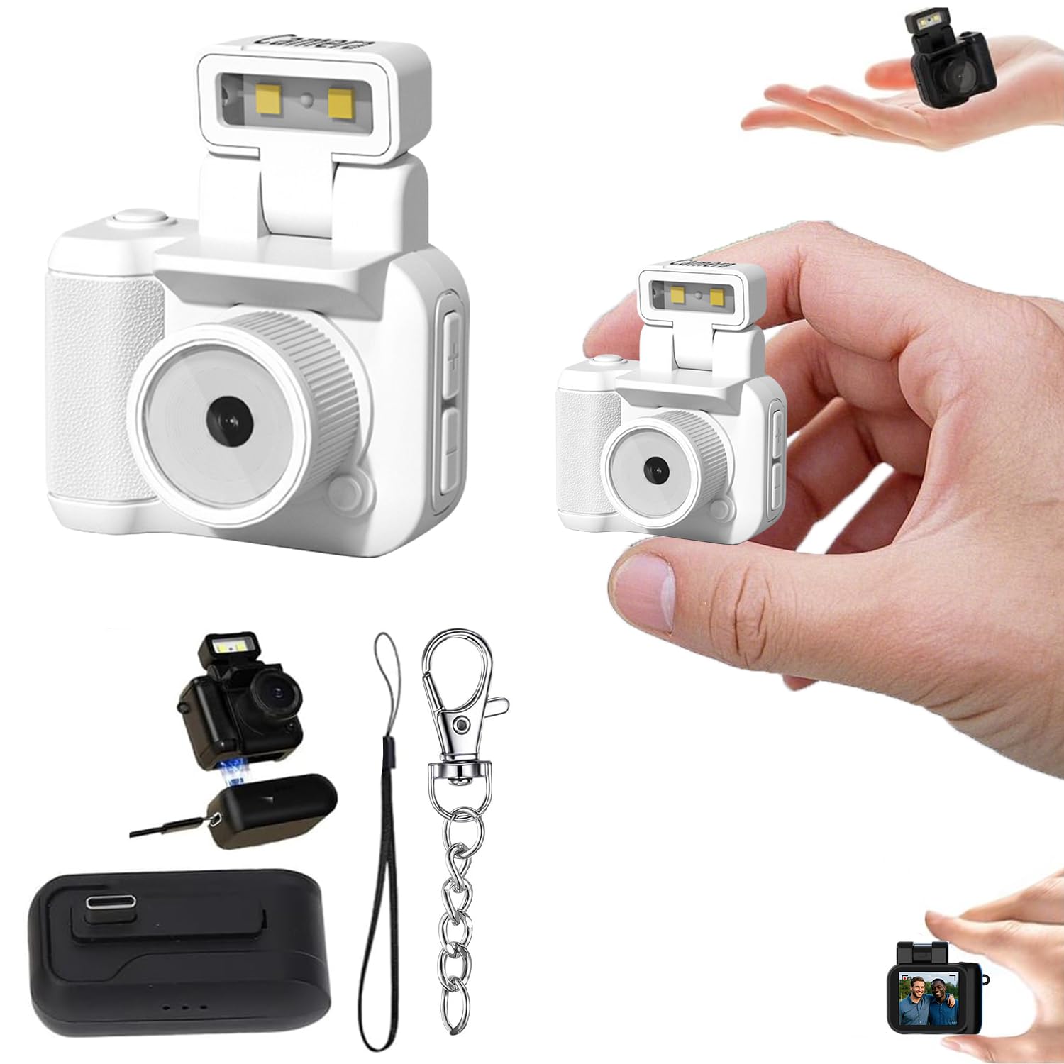 Gsnagole Retro Snap Camera，Mini Nostalgic Vintage View，Tiny Snaps，Keychain Digital Photo Camera，Llavero Mini CáMara Retro，1080p Hd with Led Flash Light (White Without Memory Card)