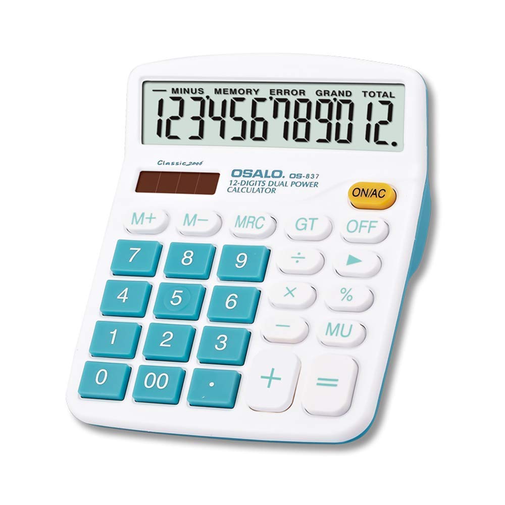 J&K Ink. Multi Color 12 Digit Extra Large Display Basic Calculator, Dual Power Standard Calculator, Desktop Calculator, Basic Office Solar and Battery Operated Desk Calculator OS-837VC (Blue)