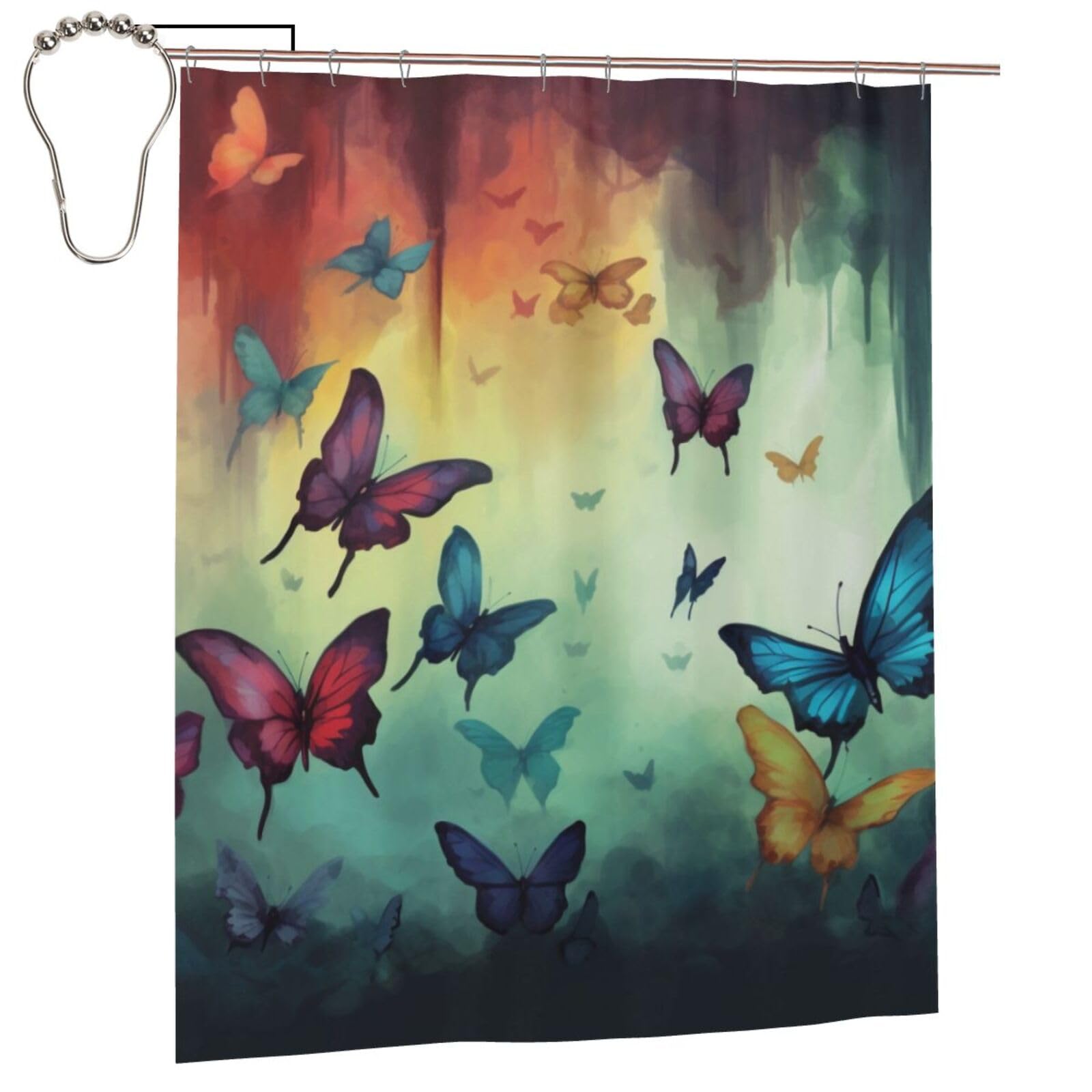 BWWHCCTI Butterflies Print Printed Shower Curtain With 12 Iron Hooks Opaque Quick Drying Waterproof Shower Curtains Sets For Bathroom 152x183 Cm