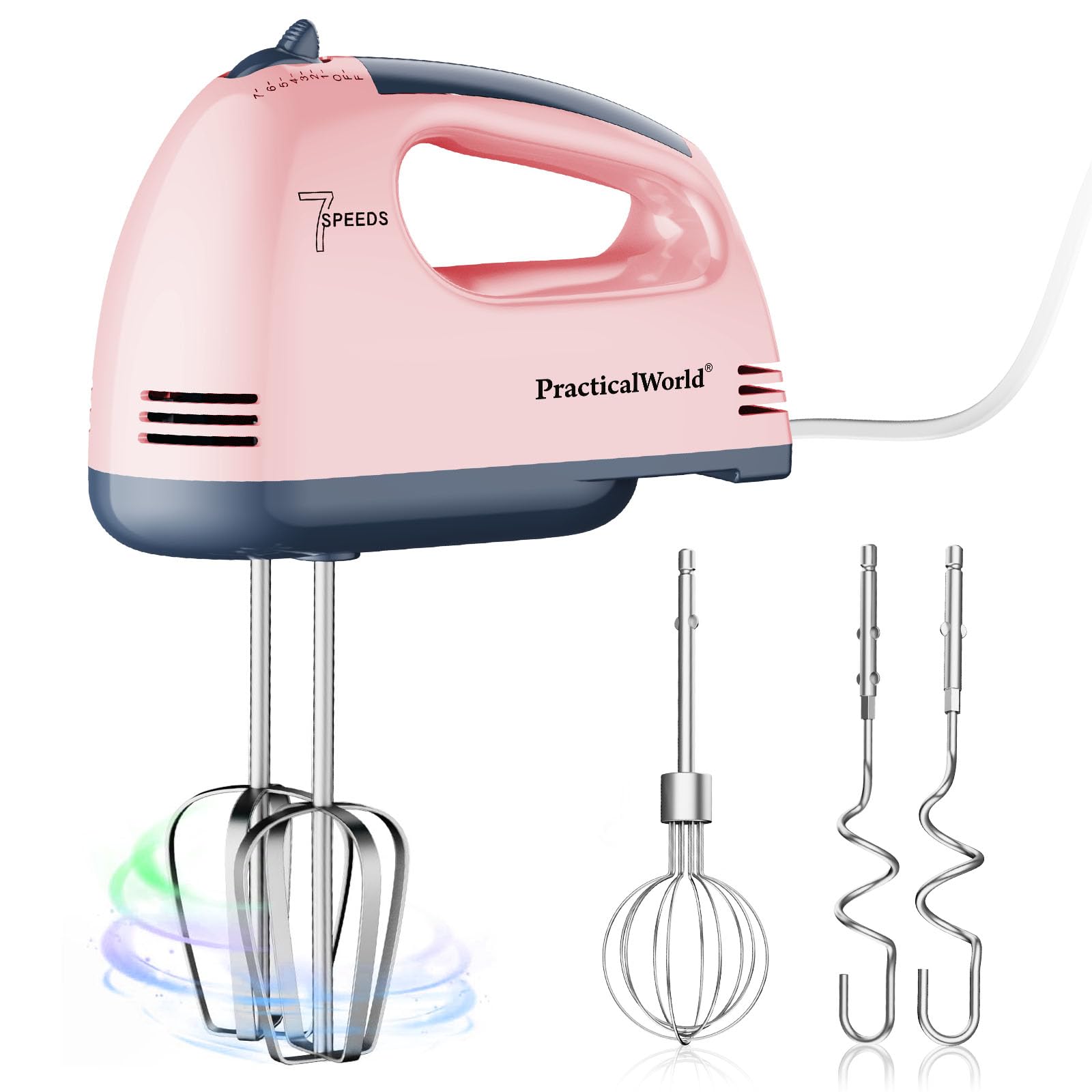 PracticalWorld Electric Hand Mixer, Handheld Mixer with 1*Whisk, 2*Beaters & 2*Dough Hooks, 7-Speed, 30s Quick Whip, Low Noise, Ergonomic Handle, Dishwasher Safe, Ideal for Baking, Pink