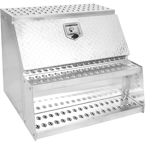 Heavy Duty Aluminum Step Semi Truck Tool Box with Saddle Step, T-Handle Latch Lock, 30" x 28" x 25", Step Box for Semi Trucks, Flatbed Trailers (Silver, 30" x 28" x 25")