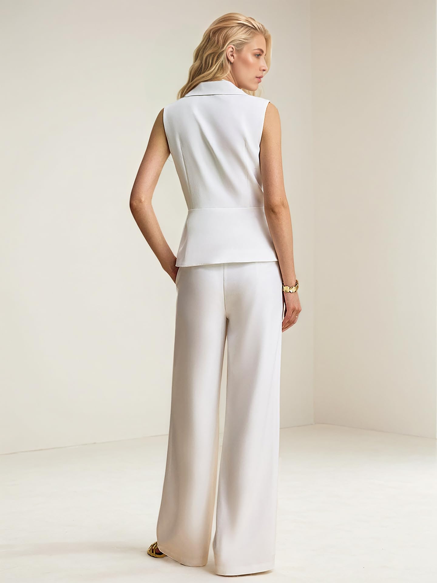 Conjunto Mujer Conjunto De Dos Piezas Blanco Para Mujer Chaleco Sin Mangas Con Cuello Y Botonadura Sencilla Y Pantalones De Pierna Ancha A Juego Ideal Para Ocasiones Formales Como La Oficina Bodas O