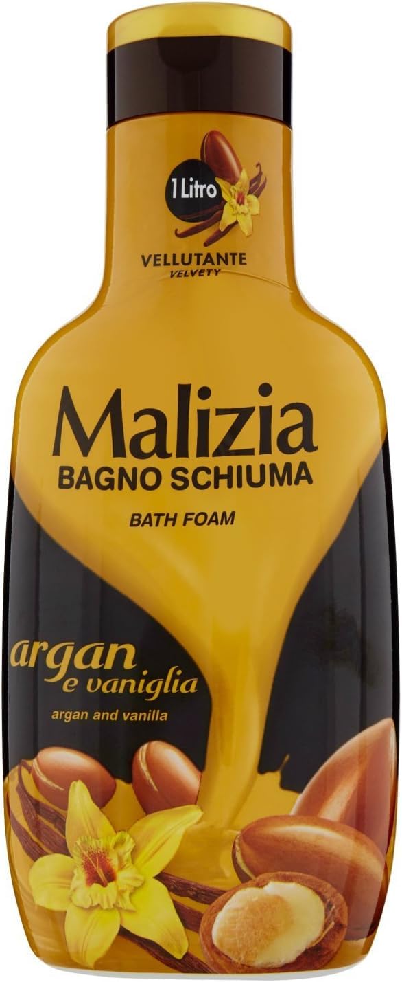 6x Malizia - Bagno Schiuma, Argan e Vaniglia - Bath Foam Bagnoschiuma 1000ml + 1 Confezione di Talco Felce Azzurra in omaggio, Busta da 100g