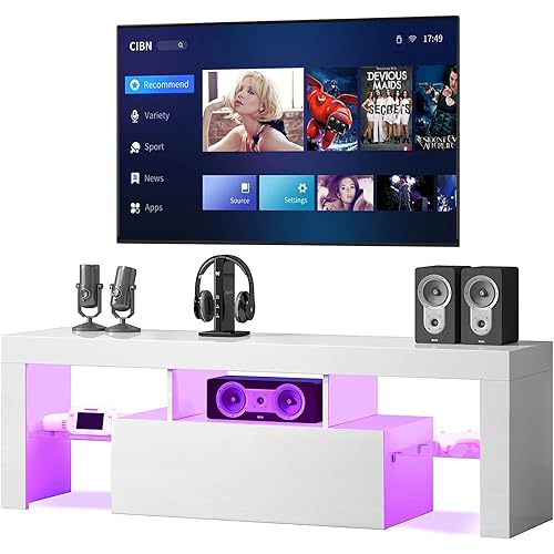 Fireplace LED TV Stand for Televisions 43" 50" 55" 60" 65", Center and Media Console with Storage Drawers and Glass Shelves for Living Room, Bedroom, White