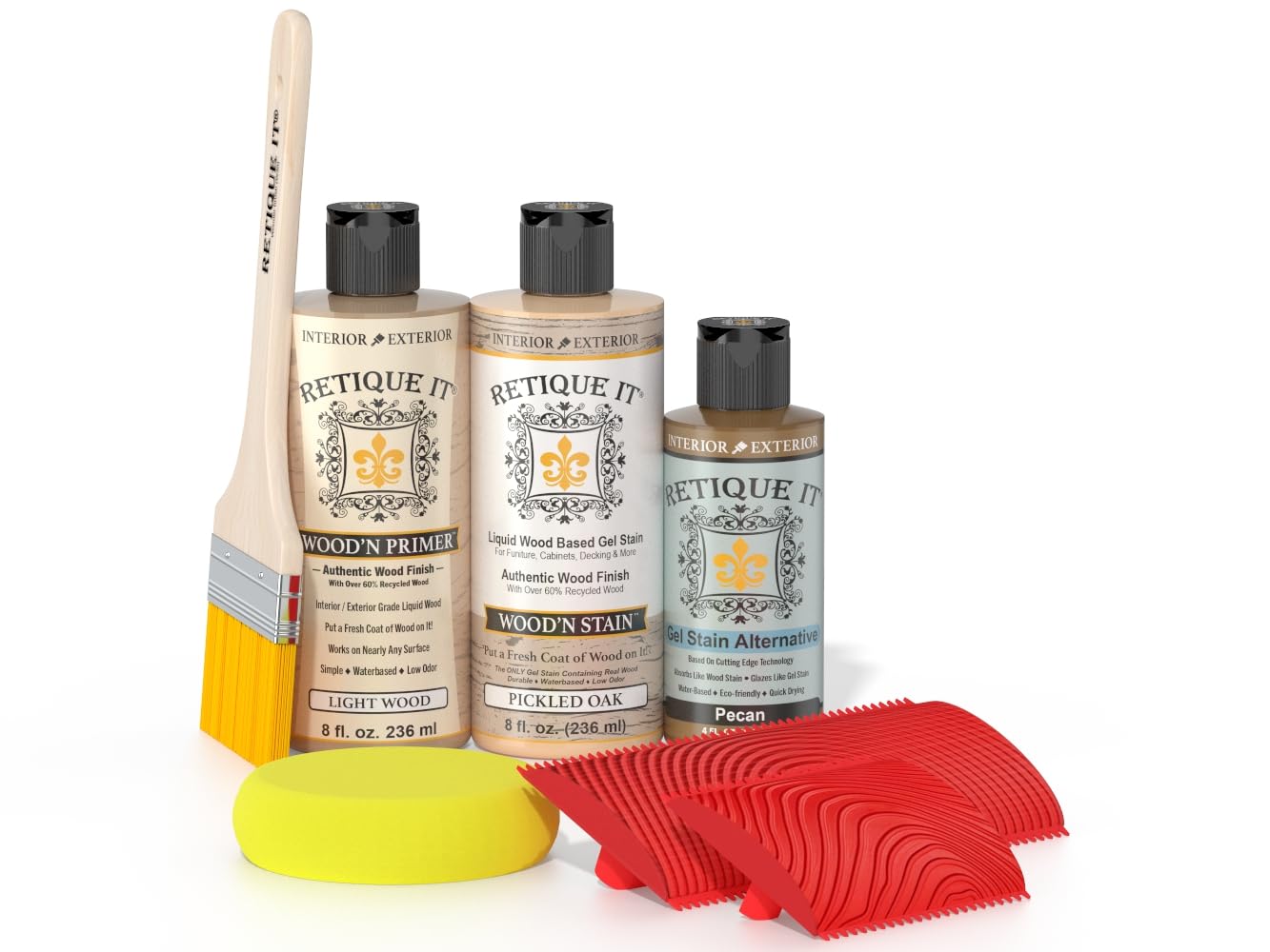 Retique It Wood Finish Tabletop Kit – GO Beyond Faux Wood with Paintable Liquid Wood Based Primer and Gel Stain - Graining Tools Included (Tabletop Kit, Pickled Oak)