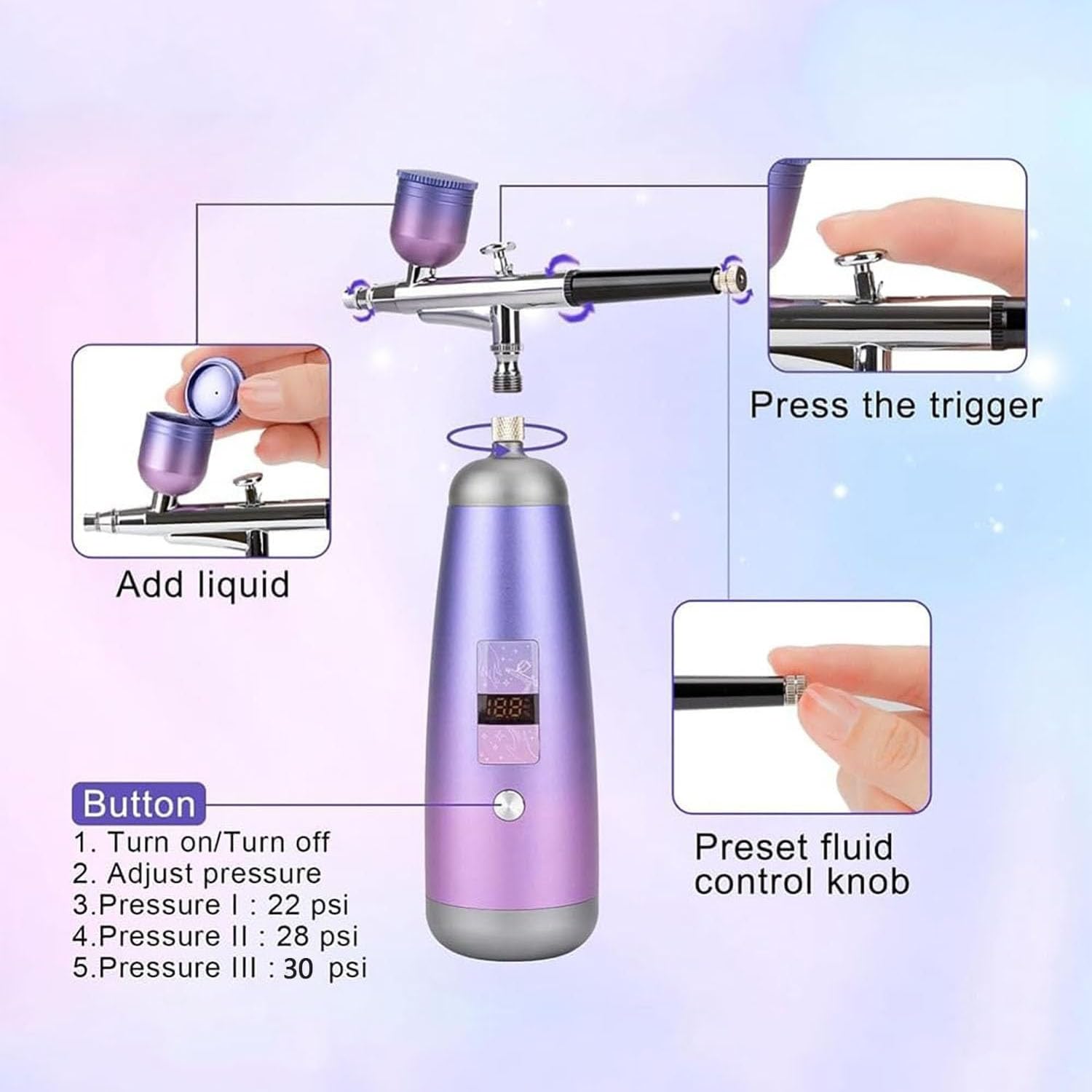 Kit aérographe avec compresseur portable, pression de 30 psi, sortie de pigment réglable, parfait pour l'application de maquillage et la décoration de gâteaux