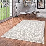 Material: 100% Polipropileno Pergamon Santorin - Alfombra Interior/Exterior Plana Tejida - Frontera ETNO Gris Champagne - 5 tamaños