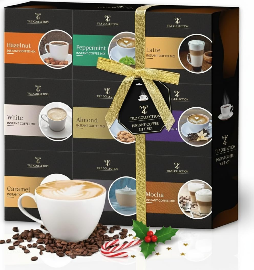 Luxury Instant Coffee Gift Set – 9 Flavoured Instant Coffees in Festive Gift Box – Christmas Coffee Hamper for Friends, Family & Coffee Lovers – Holiday Present with Hazelnut, Mocha, Peppermint & More