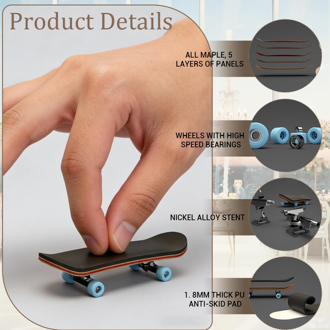Mini Skateboard da Dito per Bambini, Skateboard da Dito per Bambini 5 Strati di Acero in Legno Skateboard, per Giocare o Come Decorazione, Gadget Compleanno Bambini 3+ Anni, 99 x 29 x 20 mm