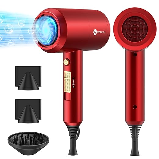 Slopehill Professional Ionic Hair Dryer, Powerful 1800W Fast Drying Low Noise Blow Dryer with 2 Concentrator Nozzle 1 Diffuser Attachments for Home Salon Travel (Agate Red)