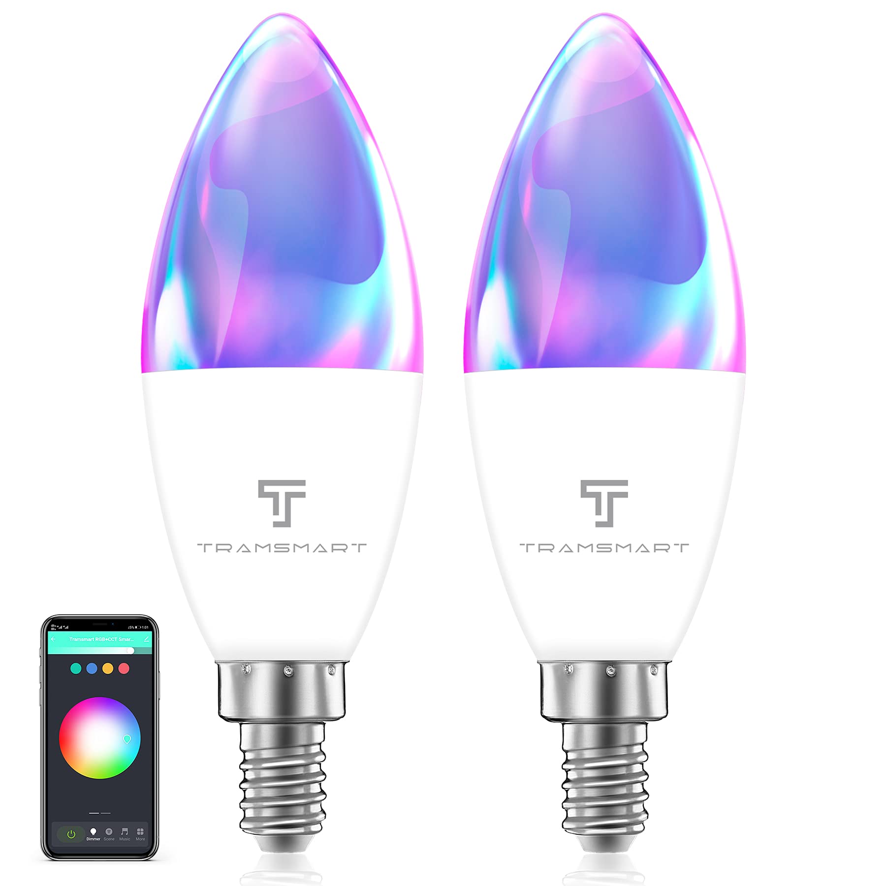 TRAMSMART Smart Light Bulbs, Color Changing E12 Candelabra Light Bulbs with Music Sync, WiFi&Bluetooth LED Light Bulbs Work with Alexa&Google Assistant, RGBCW Candle Light Bulbs 45W Equivalent, 2 Pack