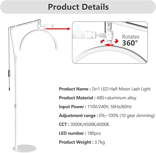 Miniatura 6 de Luz de pestañas para tecnología de pestañas, lámpara de pie LED de media luna para esteticista, extensiones de pestañas, cejas, escritorio de uñas,