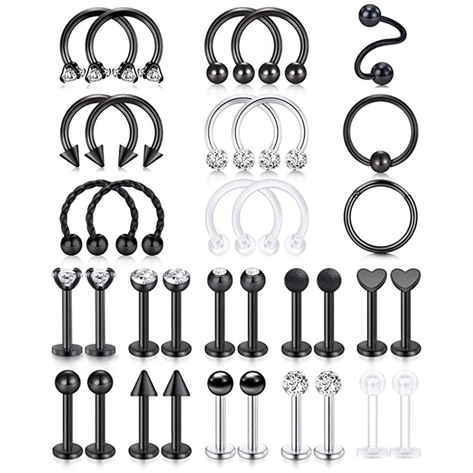 Nasenpiercing Set, Augenbrauen Piercing Edelstahl Zirkonia Einzigartiges Design Schmuck Zunge Lippe 35 Stück Damen Geschenk