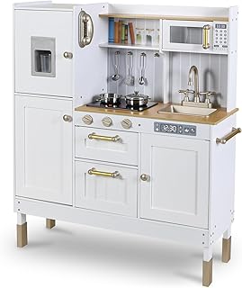 Arlopu Play Kitchen for Kids, Pretend Preschool Kitchen Sets, Wooden Cooking Playset w/Realistic Light & Sound, Telephone, Stove, Fridge, Microwave, Removable Sink, Water Dispenser w/Light Sound
