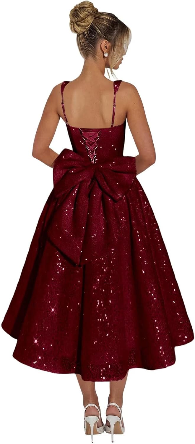 Cudiew Sparkly Sequin Prom Dresses for Teens Square Neck Glitter Bodice Pleated A Line Formal Cocktail Party Dress Tea Length