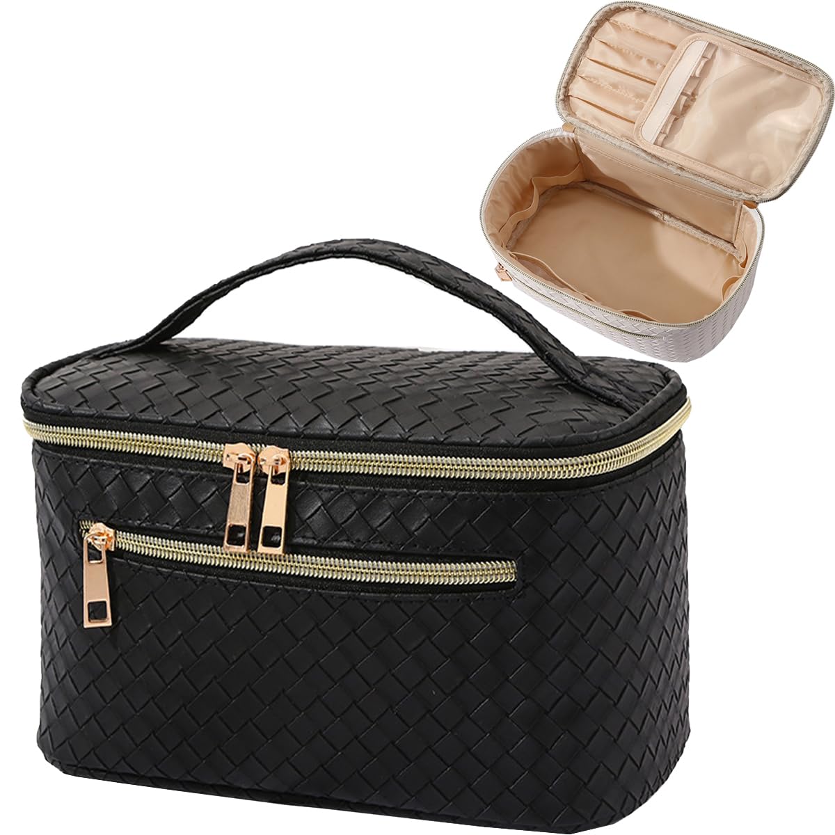 AMULOKRUTravel Coquette Makeup Organizer Bag, Waterproof Large Capacity Cosmetic Bags for Women,Weave Pattern Portable Makeup Bag Cosmetic Brush Bags Case with Divider and Handle- Black, Black, With