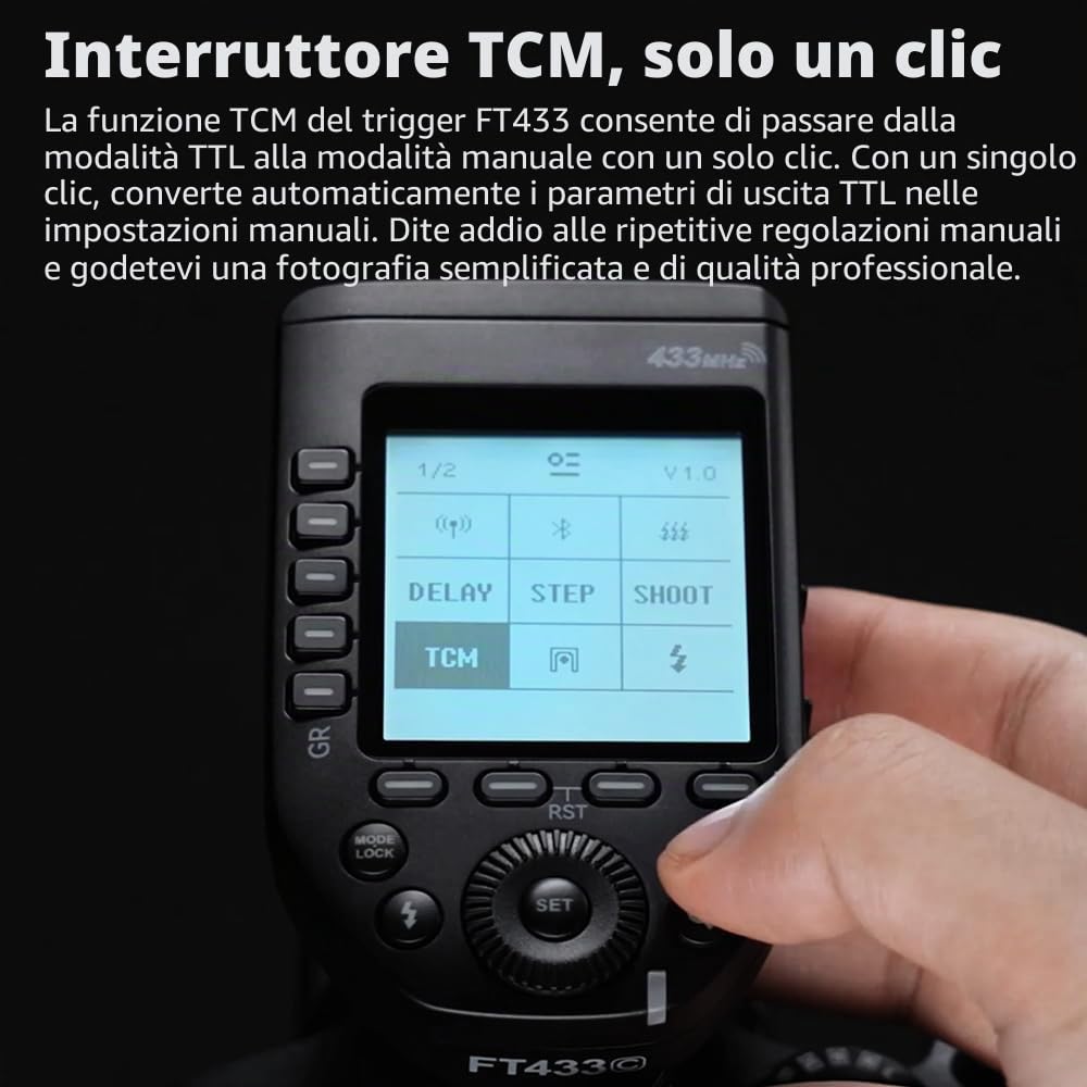 Godox FT433 C TTL trigger flash wireless per Canon, 433 MHz, HSS 1/8000s, portata 100m, LCD, 32 canali, 1-99 ID, sincronizzazione fronte/retro, controllo app Bluetooth, TCM, fuoco rapido a contatto