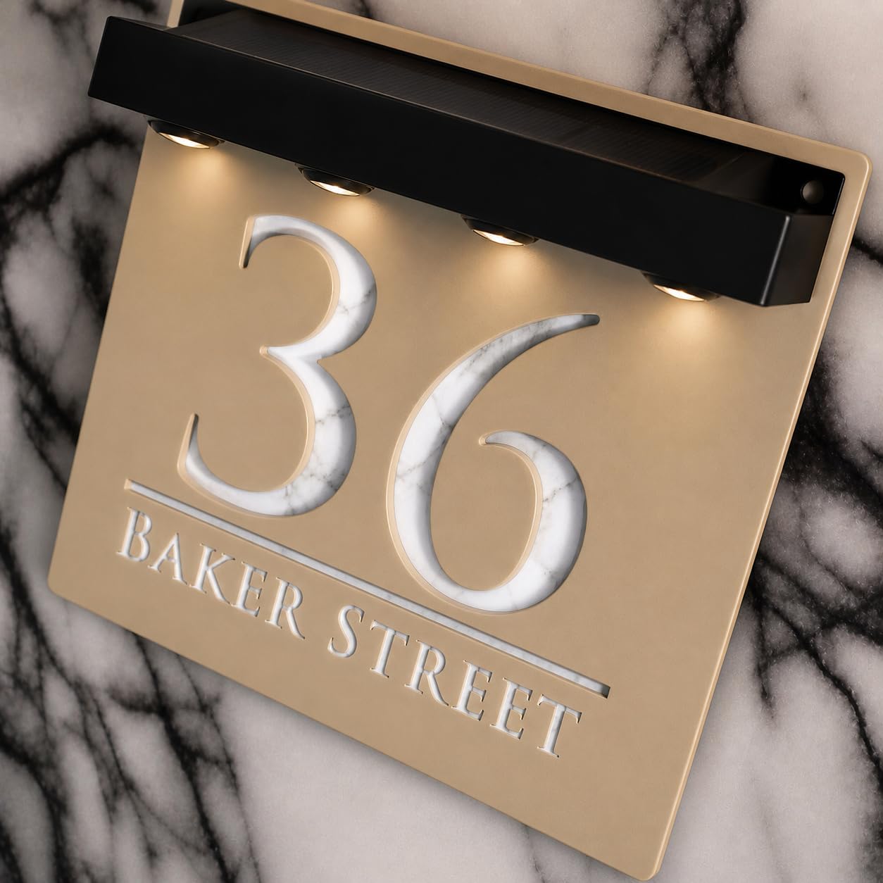 K Smart Sign | Bellissima S1 LED F32 | Square Solar Light House Signs Door Number Plaques With LED Personalised Name Address Sign For Wall With Classic Text (Matt Khaki & White Marble)