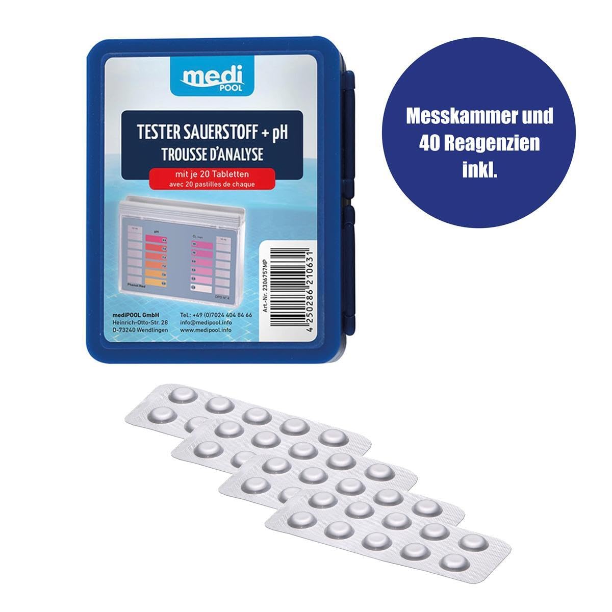 Medipool Wasserpflege-Set mit Pooltester für Aktivsauerstoff & pH-Wert, 1x Sauerstoff-Granulat 1 kg und 1x Aktivator 1 L