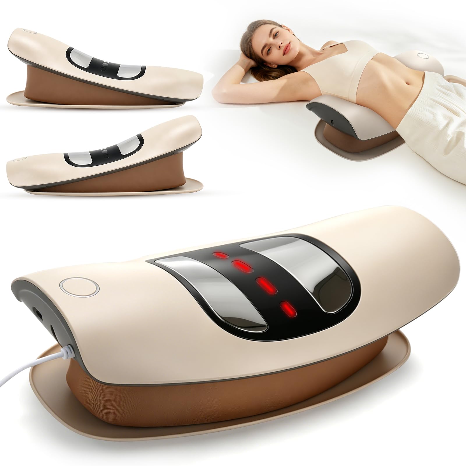5 en 1 Appareil de Massage Lombaire électrique, 3 Niveaux Appareil de Massage Dorsal Sans Fil avec Traction 26°par Airbag, Compresse Chaude, Electrothérapie EMS à 6 Niveaux, Vibrations