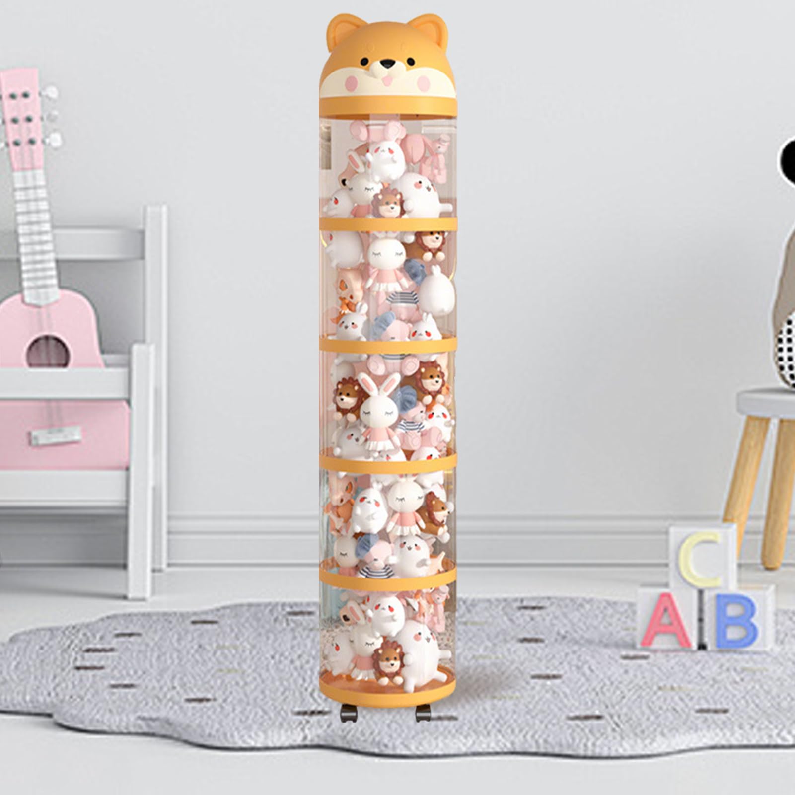 Porte-animaux en peluche - Cylindre porte-objets en peluche, conteneur vertical à roulettes, organisateur en colonne en tissu, solution pour la décoration de la maison, équipement pour le