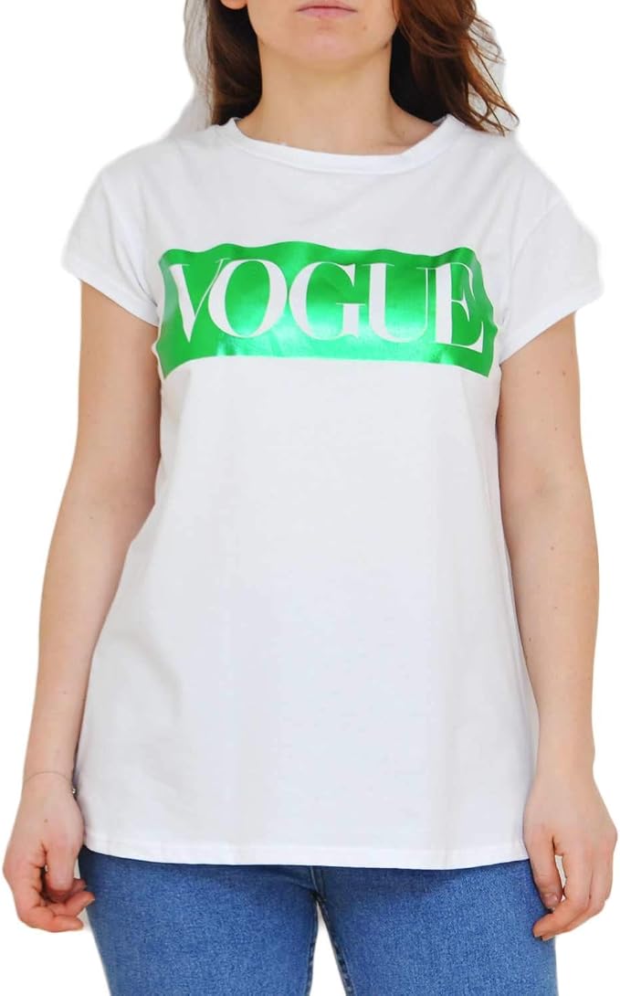 T-Shirt Donna Bianca con Scritta Verde Vogue Basic Moda Estate 2018 (Unica  EU) : Amazon.it: Abbigliamento