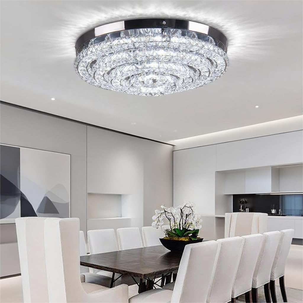 FRIXCHUR 45 cm Runde Kristall LED Deckenleuchte, 6000K Tageslichtweiß | Moderne Edelstahl-Deckenlampe mit Kristalloptik für Wohnzimmer, Schlafzimmer, Küche und Flur; klares kaltweißes LED-Licht