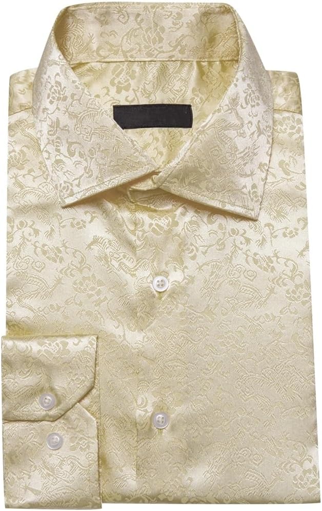 Men Silk Satin Long Sleeve Gold Yellow Flower Male Blouses Casual Lapel Tops Breathable