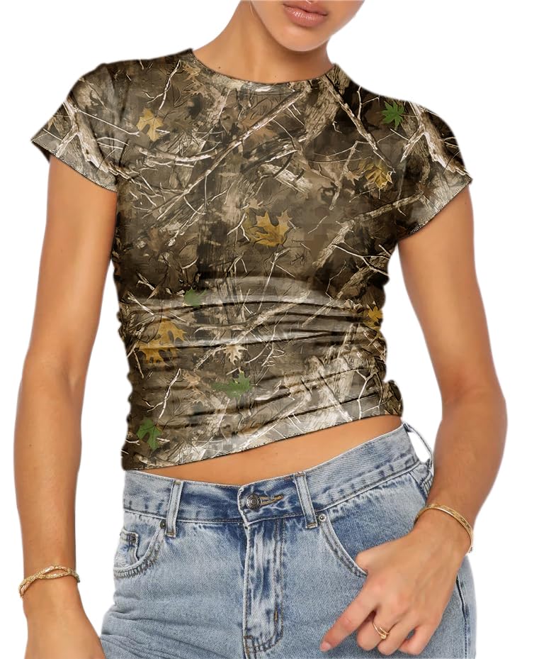 BAIGRAM Women Camo Shirt Short Sleeve Fitted Maple Leaf Print Cro...