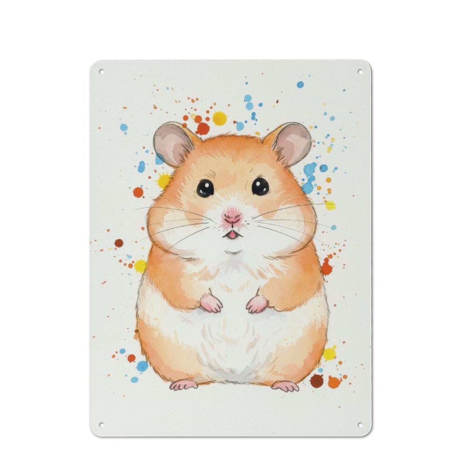 Watercolor Hamster with Colorful Splatters Metal Wall Sign 40x30cm, Rustic Decor for Garage Wall, for People Furnishing A Garage