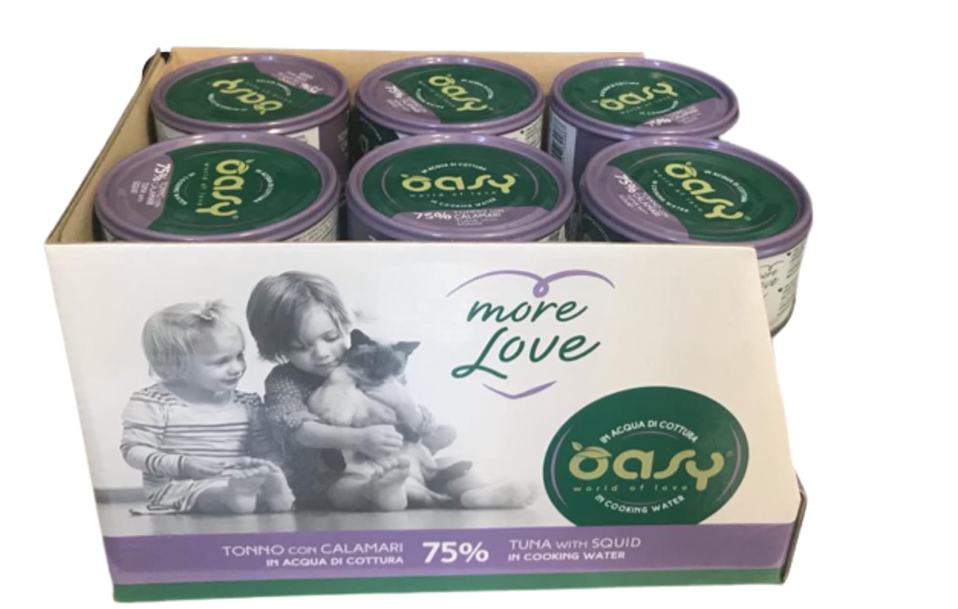 Oasy More Love cibo umido naturale per Gatti adulti gusto Tonno con Calamari. Confezione da 24 scatolette (1 scatoletta = 70 gr.) Formulato senza glutine