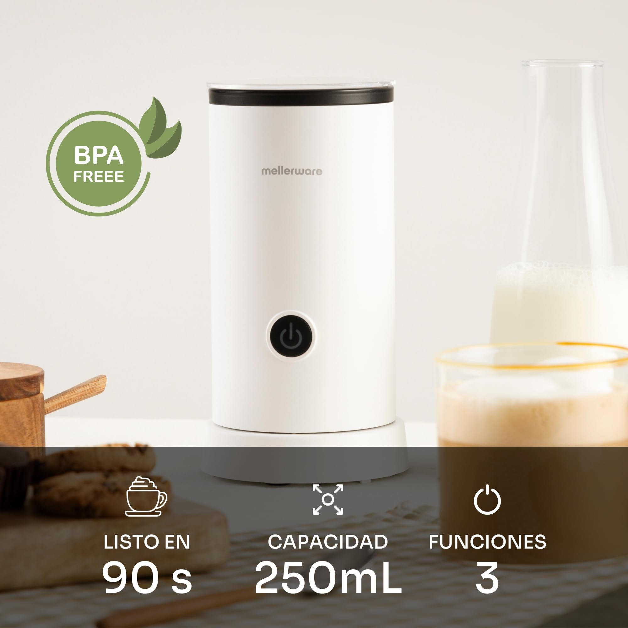 Mellerware - Espumador de Leche Frothy!600W | 250ml | 3en1 (Espuma Caliente/Fría, Calentar y Espumar) | Apagado automático | Calentador Café Latte Capuchino Chocolate | 360º | Blanco