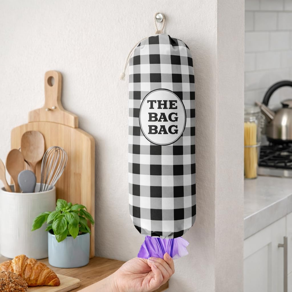 Organizador de bolsas de comestibles a cuadros de búfalo blanco y negro para bolsas de compras, dispensadores de contenedores de almacenamiento de bolsas de plástico de montaje en pared, regalos de
