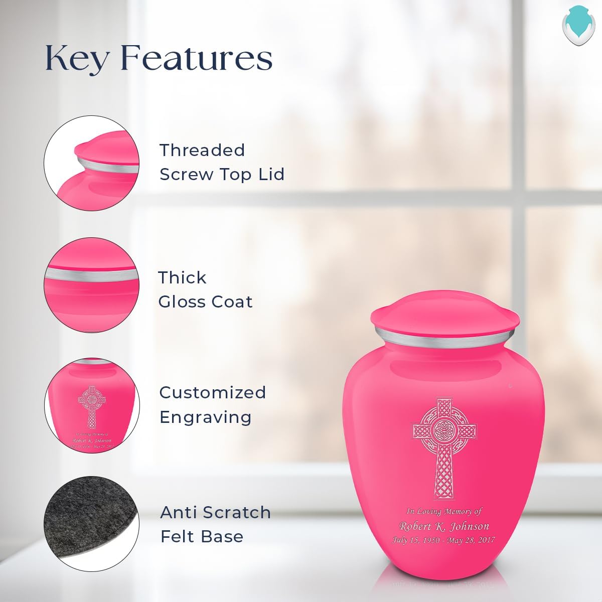 Geturns - Small Personalized Celtic Cross Cremation Urns for Human Ashes I Bright Pink Funeral Urn for Men and Women I Holds up to 44 Cubic Inches