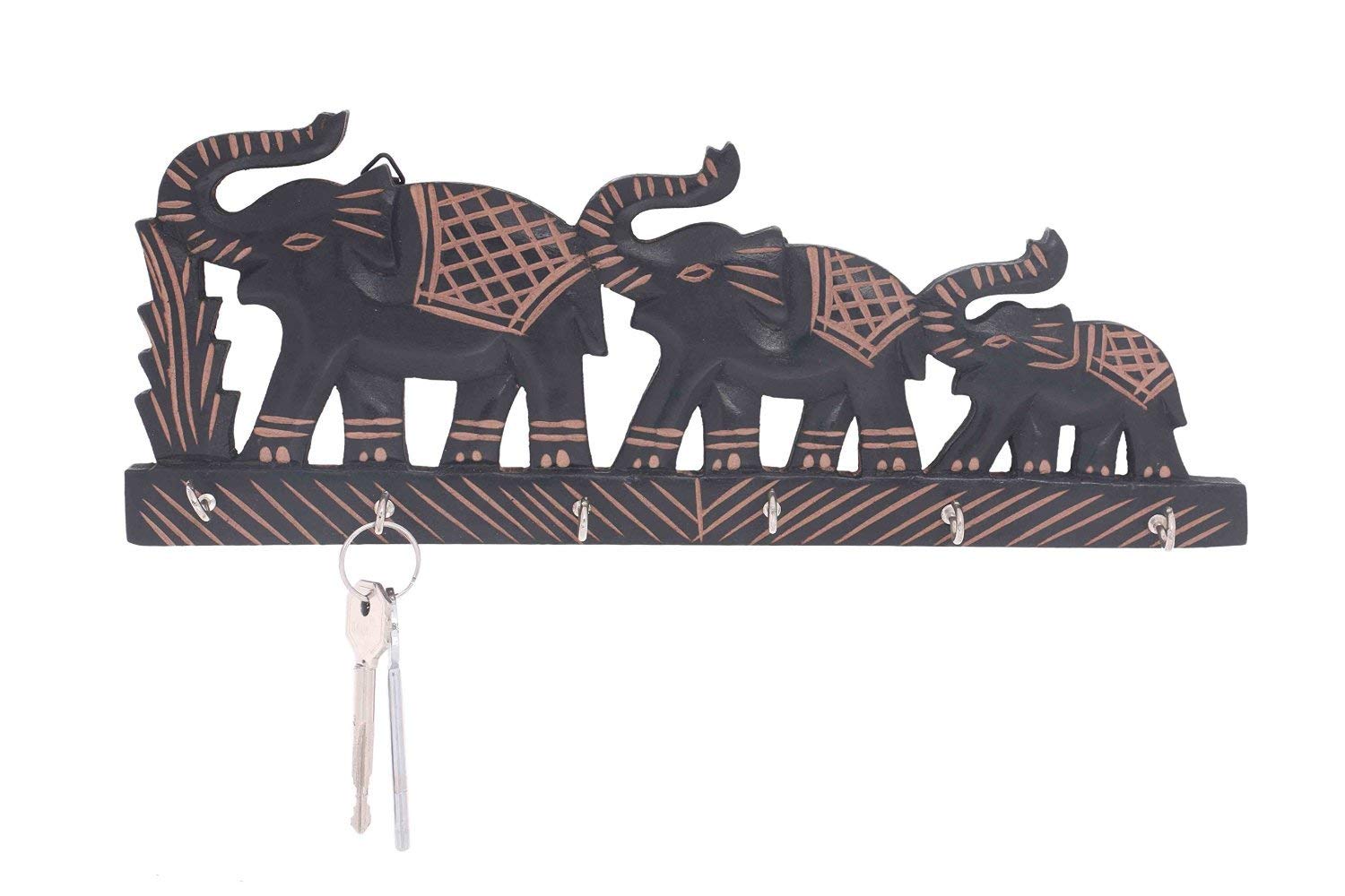 IndiaBigShop Wooden Handmade Key Holder Three Elephant Decorative Design Key Organizer with 6 Hooks Size 13.5 Inch