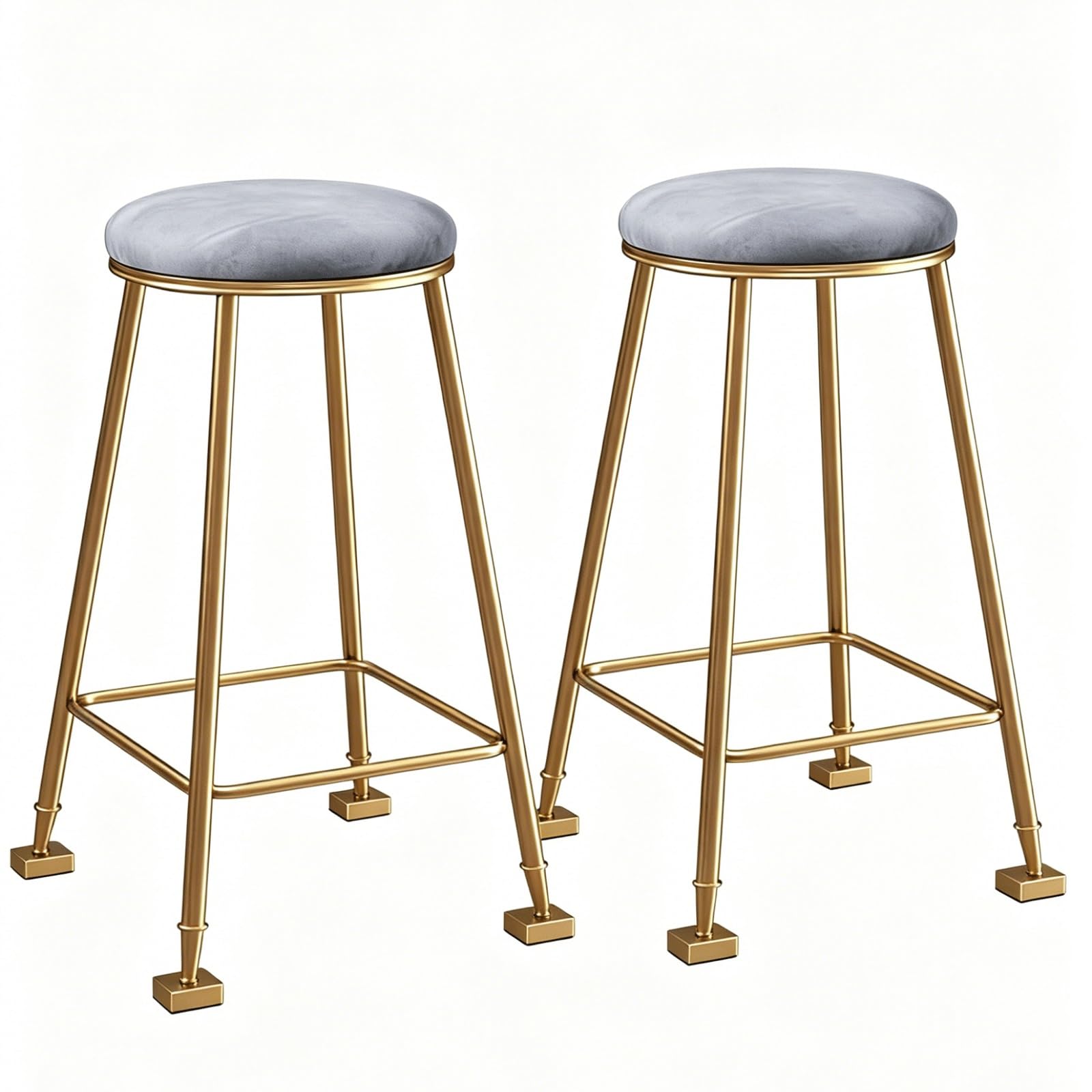 HNYJVZEVG Set of 2 Velvet Bar Stools,Round Padded Counter Stools with Gold Metal Frame, Fixed Height Bar Chairs with Footrest High Chair(Gray,65cm (25inch))