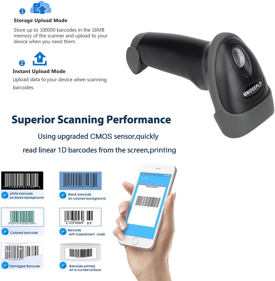 328 Feet Distance 1D CCD Wireless Bar Code Scanner for for PC Computers, UNIDEEPLY 2 in 1 (433MHZ Wireless & USB Wired) Automatic Barcode Reader Handheld USB Receiver for Store Supermarket, Warehouse : Office Products