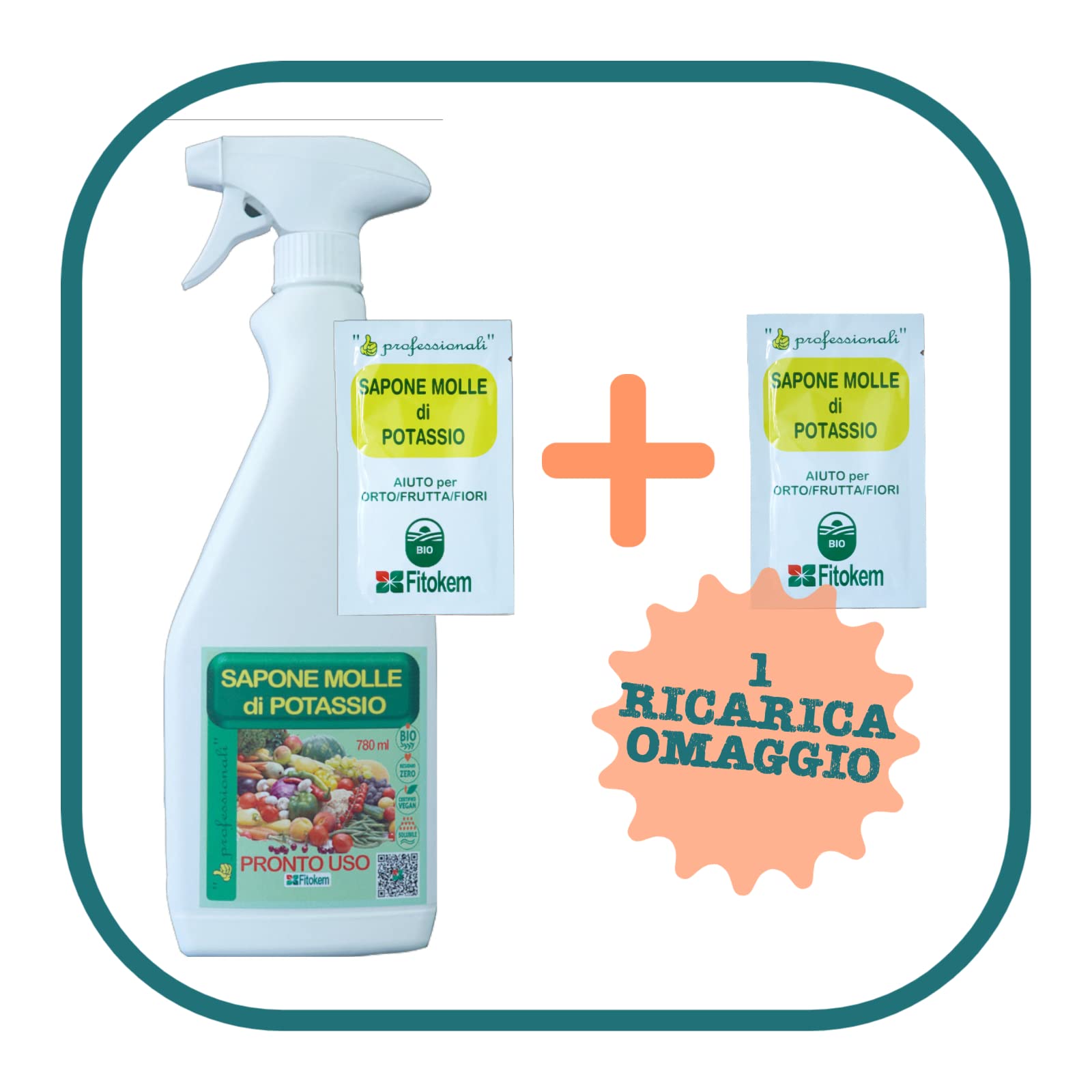 Fitokem | Sapone molle di potassio - Spruzzino 780ml + 1 bustina concentrata da diluire + 1 bustina ricarica omaggio |