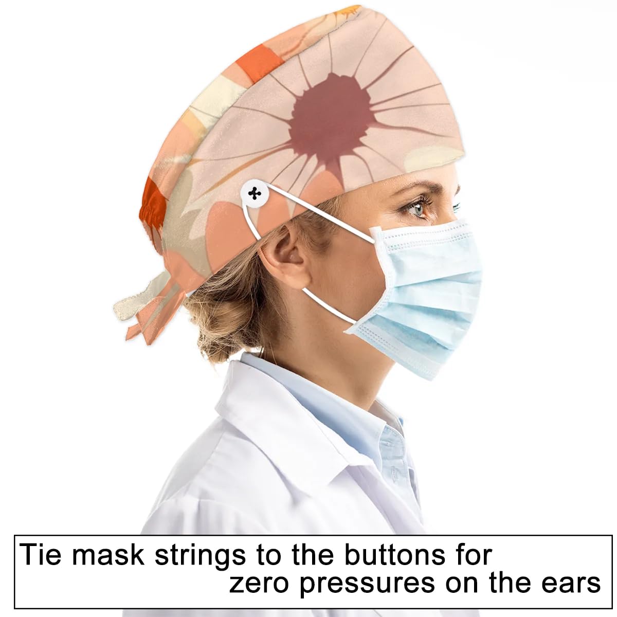 Mularoka Chrysanthemum Working Caps with Button Sweatband Comfortable Adjustable Bouffant Hats Work Hat for Women Men