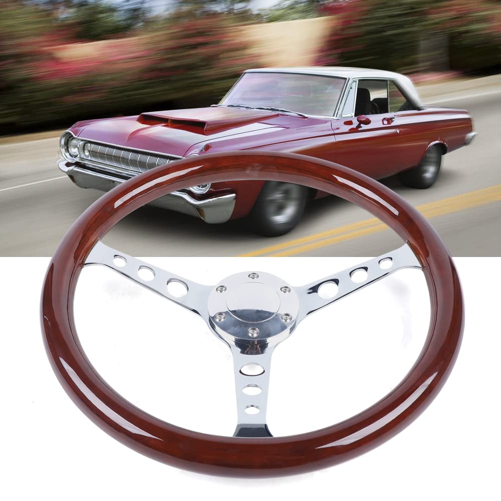 Volante universale in legno da 15 pollici, volante in mogano, volante sportivo, con pulsante del clacson e anello in ferro, per auto d'epoca