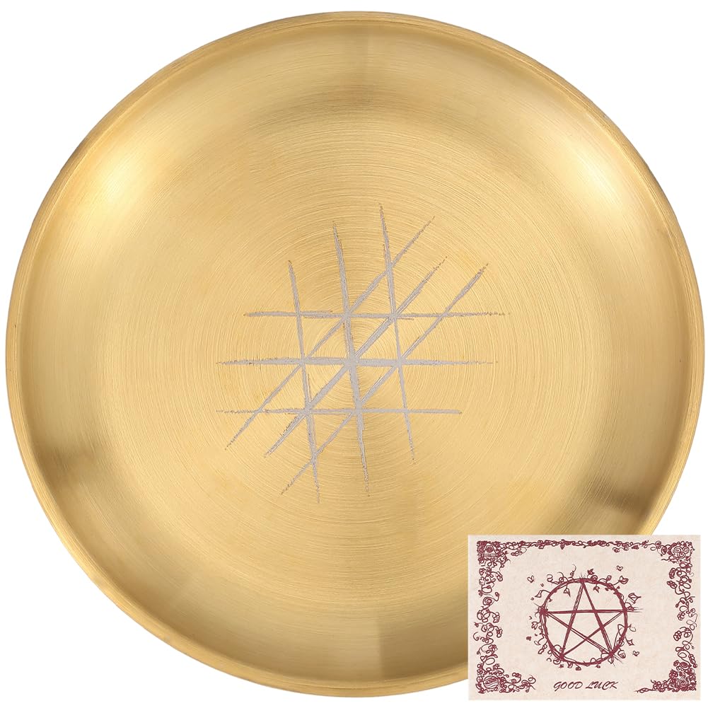 CREATCABIN Altar Ritual Plate Dish Gold Offering Bowl Metal Stainless Steel Flat Round Candle Holder Trays with Envelope and Cards for Smudging Decorations Incense Burner Divination 5.5 Inch