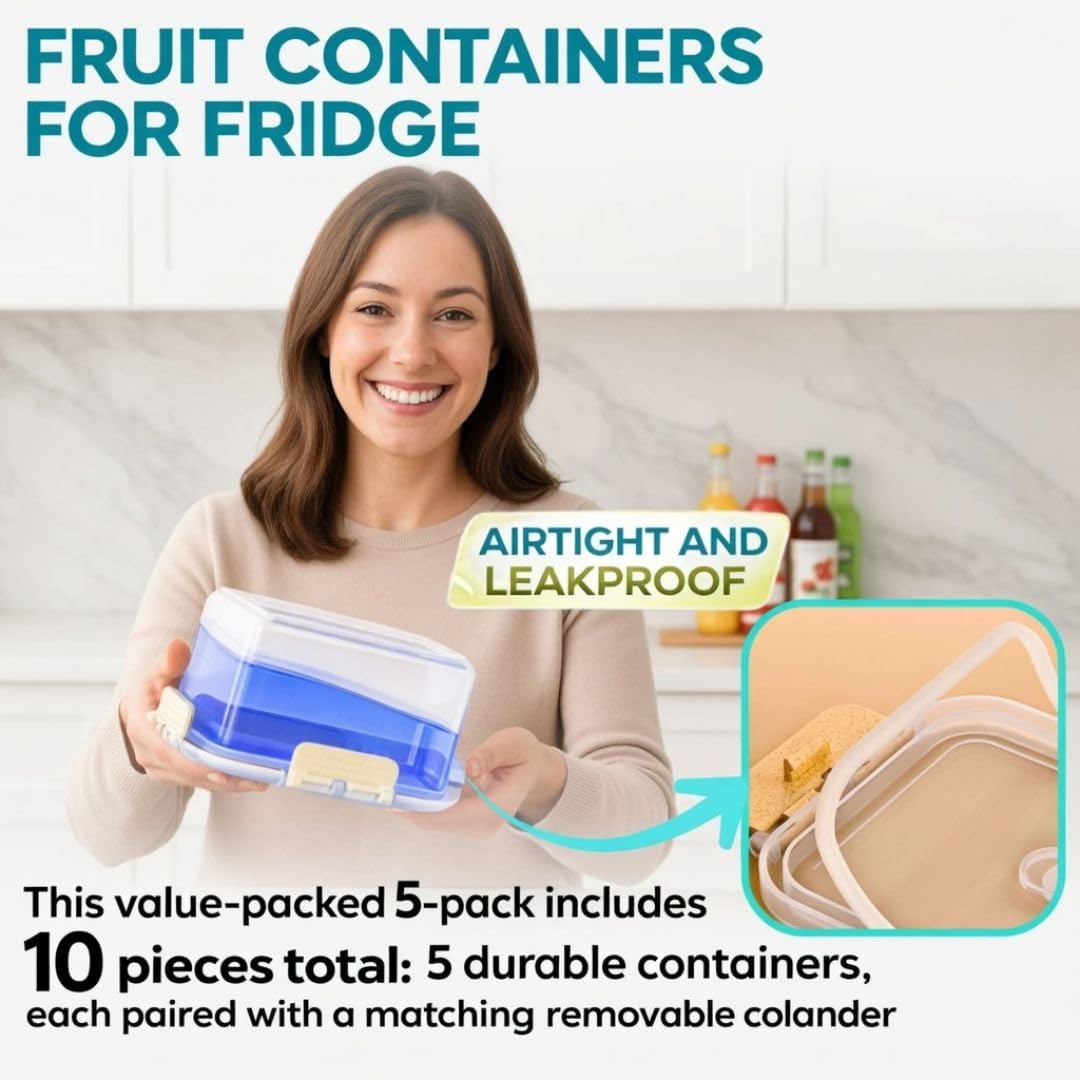 FreshLock - Juego de 5 recipientes de almacenamiento para nevera, herméticos, a prueba de fugas y aptos para microondas con colador extraíble, ideal para almacenamiento de frutas, verduras y