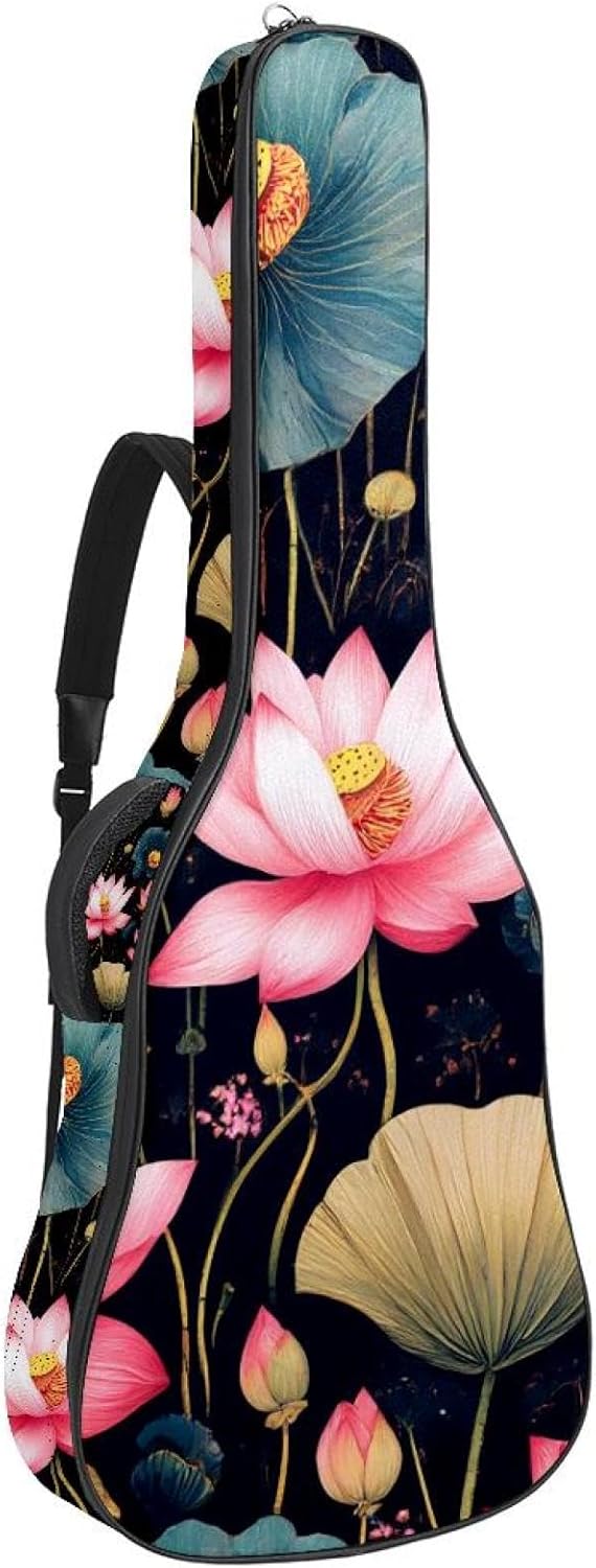 Acoustic Guitar Gig Bag 10mm Thick Padding, Soft Waterproof Guitar Case with Adjustable Backpack Straps for 40-42 Inch Guitar, Bright Lotus Flowers in a Vintage Style