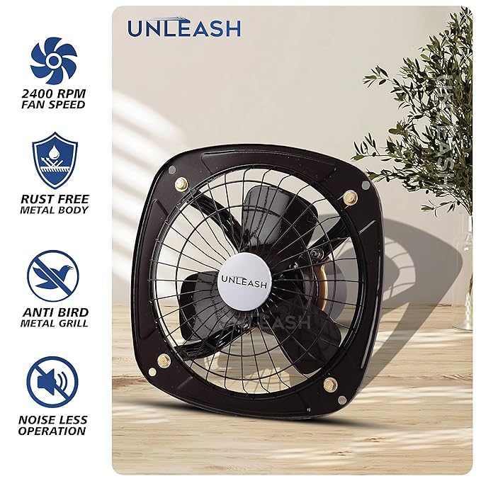 Image of Unleash Metal High Speed Exhaust Fan, 9 Inches (230mm), 55W, 3000RPM, Copper Winding Motor, Low Noise, for Bathroom and Kitchen | Warranty: 2 Years (Black)
