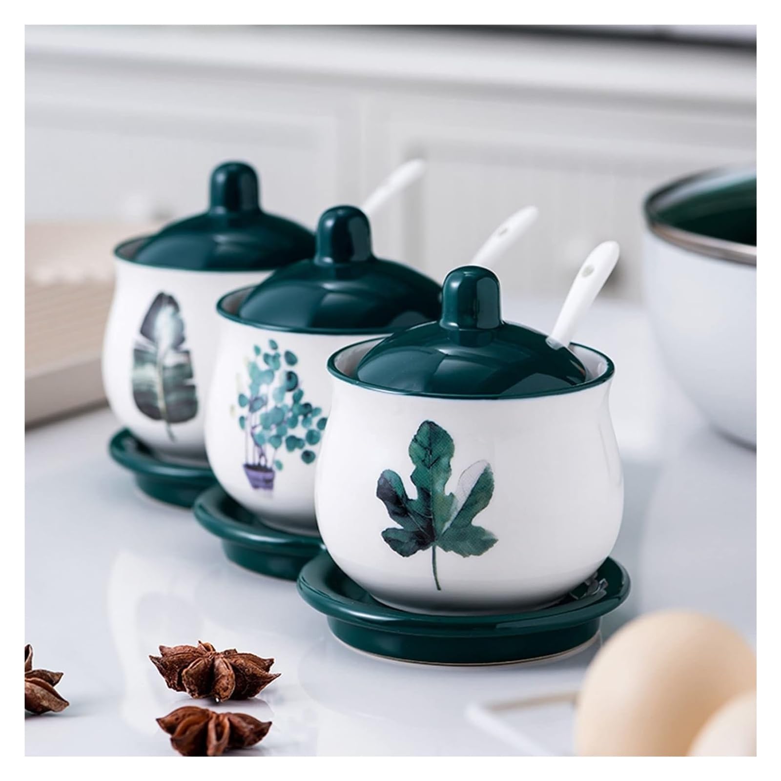 Sucrier, sucrier, sucrier nordique avec couvercle, pot de rangement à motif de plante verte, sucrier en porcelaine, pot à épices, pot à sel, for café, restaurant, maison(Green3)