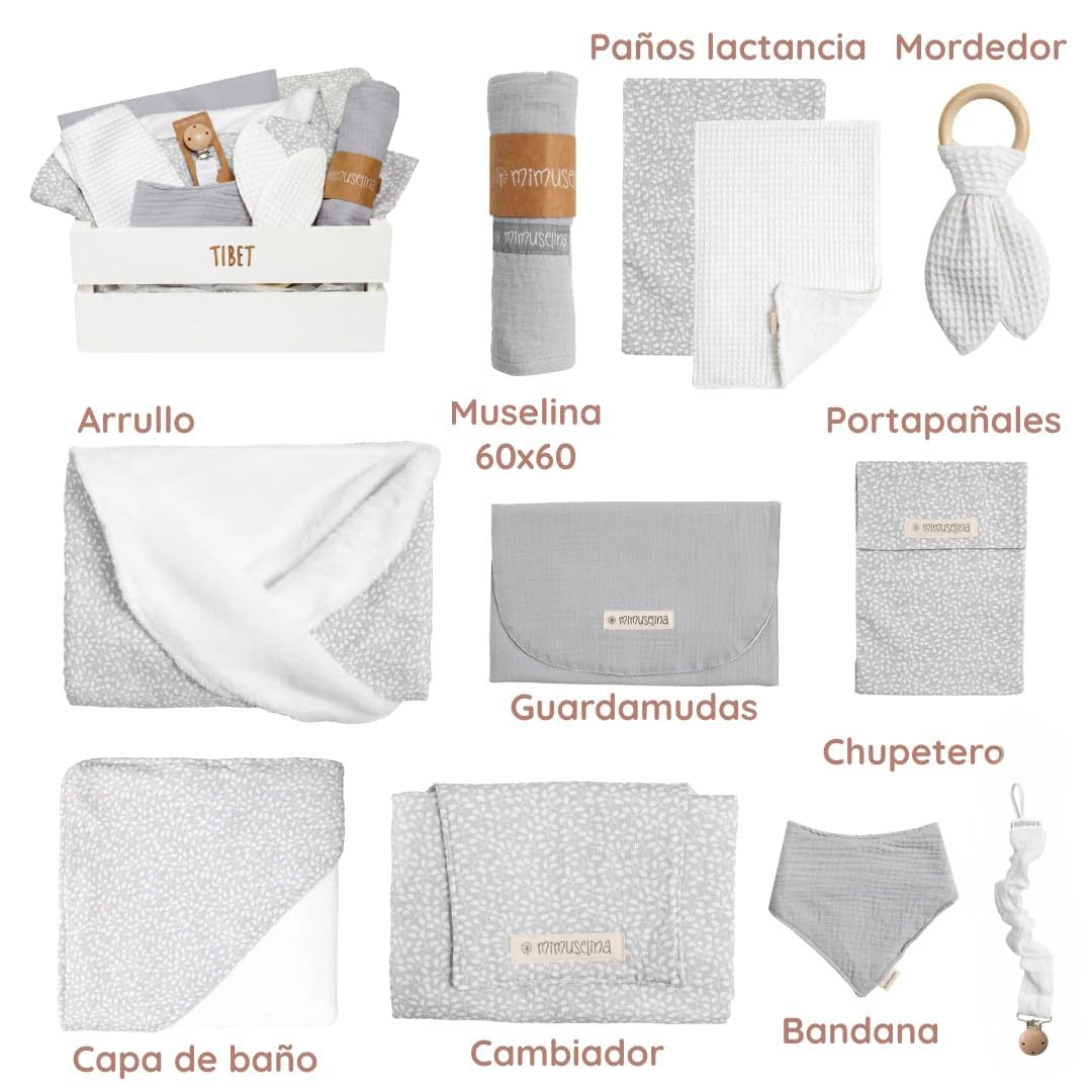 MIMUSELINA Canastilla Pack Regalo Recien Nacido Niña o Niño | Cestas Bebe para Hospital o Baby Shower | Canastilla Bebe Recien Nacido Disponible en Diferentes Tamaños | XL, Tibet