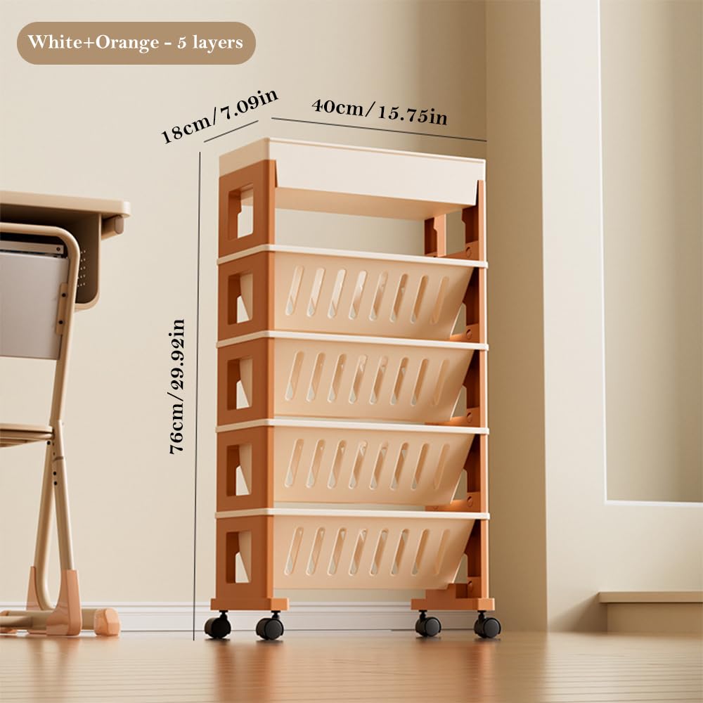 NUODWELL Mobiles Bücherregal mit Rollen, abnehmbarer Kunststoff-Aufbewahrungs-Organizer, Kinder-Bücherregal, großes Fassungsvermögen, Zeitschriftenständer, Buchwagen, Rollwagen für Büro, Wohnheim,