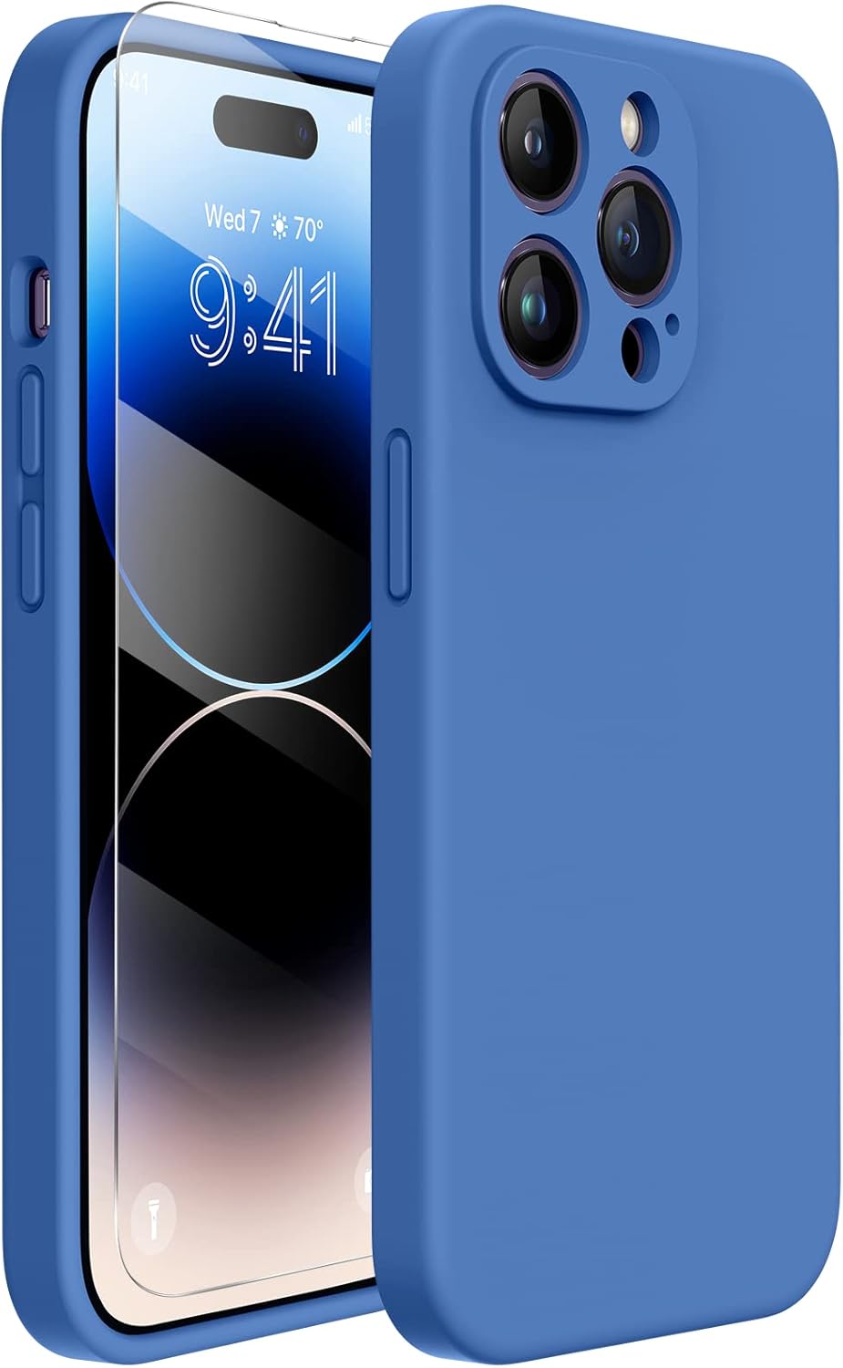 Miracase Designed for iPhone 14 Pro Case with Screen Protector, [Upgraded Camera Protection], Shockproof Liquid Silicone Rubber Phone Case Cover for 14 Pro 6.1 inch, Aqua Blue Azure Blue iPhone 14 Pro