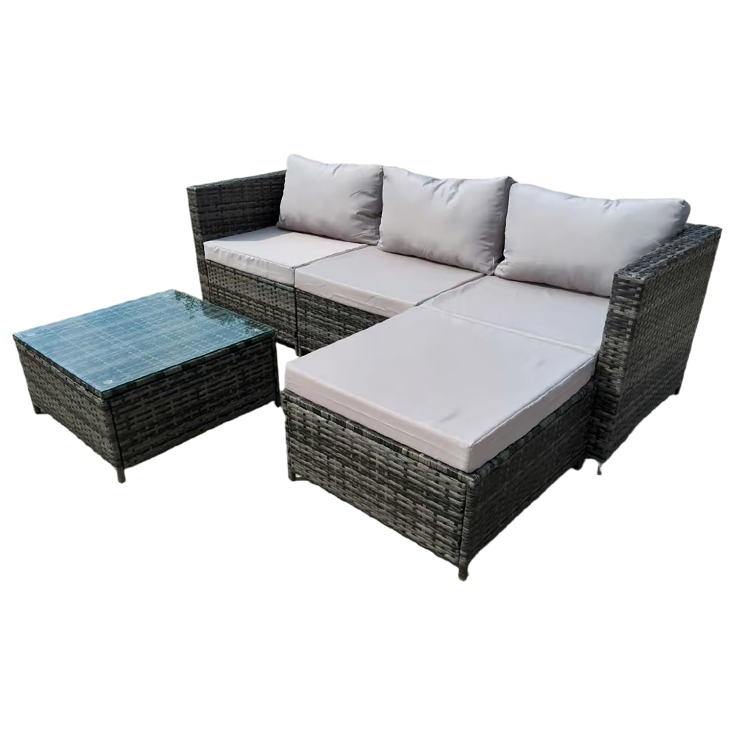 Garden Corner Sofa Rattan Furniture Set 4 Seater Patio Outdoor Lounge Settee with Glass Coffee Table All-weather SFS066 (Mix Grey Rattan+Grey Cushion)
