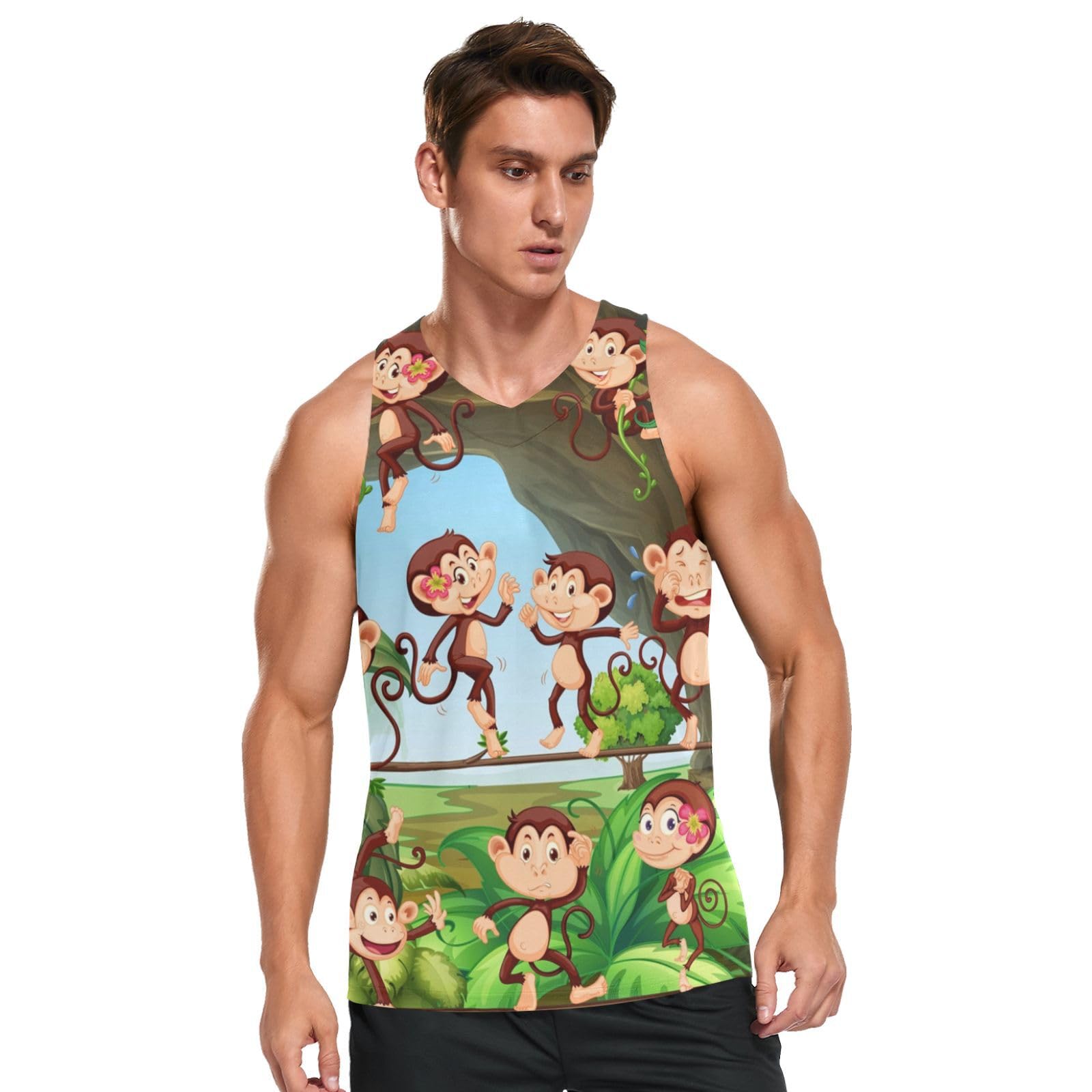 Linomo Men's Multicoloured Tank Tops Cute Animal Monkey Summer Sleeveless Tops Sports Vest Athletic Training Gym Training Tops T-Shirt